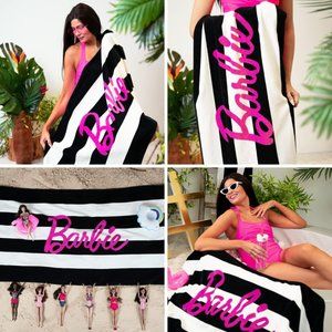 NWT Adorable Barbie Movie Black & White Striped Towel Swimsuit Halloween…